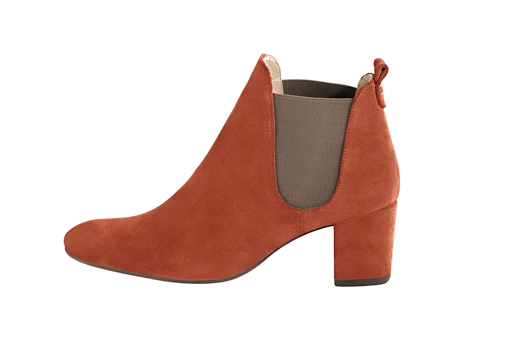 Terracotta orange and taupe brown women's ankle boots, with elastics. Round toe. Medium block heels. Profile view - Florence KOOIJMAN